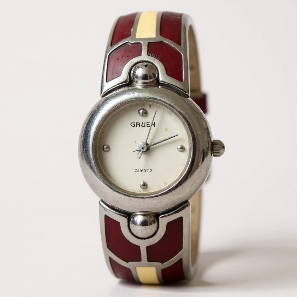 Gruen Quartz Bangle Watch Red and Silver Tone Stylish Womens Jewelry